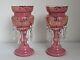 Antique Pair Of Pink Cased Glass Mantle Lustres 12 1/8 Tall