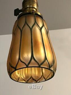 Antique Petite Victorian Deco Brass Pan Art Glass Aurene Shades Chandelier