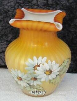 Antique Phoenix Golden Striped MOP Satin Blown Glass Vase with Floral Decoration