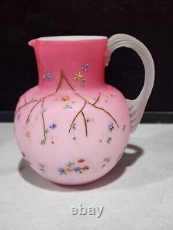 Antique Pink Victorian Satin Glass 6.5 Pitcher with Enamel Flowers