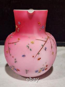 Antique Pink Victorian Satin Glass 6.5 Pitcher with Enamel Flowers