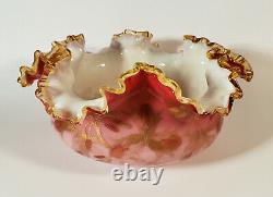 Antique Pink White Cased Victorian Art Glass Bowl Vase Hand-painted Gold Flowers