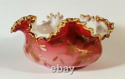 Antique Pink White Cased Victorian Art Glass Bowl Vase Hand-painted Gold Flowers