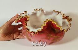 Antique Pink White Cased Victorian Art Glass Bowl Vase Hand-painted Gold Flowers