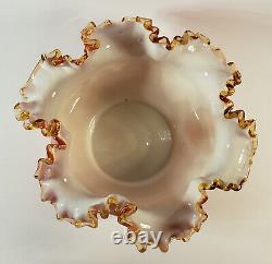 Antique Pink White Cased Victorian Art Glass Bowl Vase Hand-painted Gold Flowers