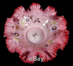 Antique Pink White Cased Victorian Art Glass Bride's Bowl Gilt Enameled Flowers