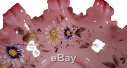 Antique Pink White Cased Victorian Art Glass Bride's Bowl Gilt Enameled Flowers