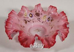 Antique Pink White Cased Victorian Art Glass Bride's Bowl Gilt Enameled Flowers