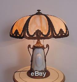 Antique Puffy Bent Slag Glass Table Lamp Victorian Art Nouveau