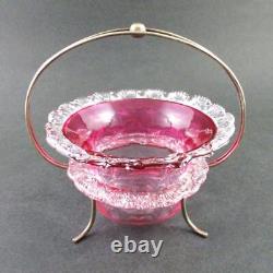 Antique Quilted RUBINA art glass SWEETMEAT dish two RIGAREE rings EPNS Frame