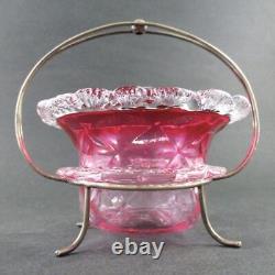 Antique Quilted RUBINA art glass SWEETMEAT dish two RIGAREE rings EPNS Frame