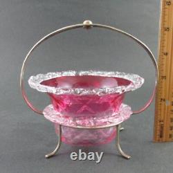 Antique Quilted RUBINA art glass SWEETMEAT dish two RIGAREE rings EPNS Frame