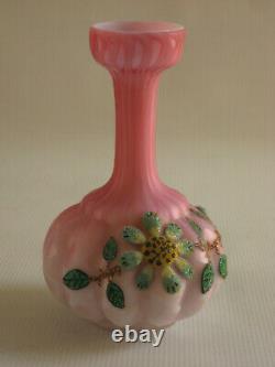 Antique Quilted Satin Glass Air Trap MOP Vase with Floral Coralene Decoration