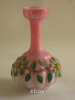 Antique Quilted Satin Glass Air Trap MOP Vase with Floral Coralene Decoration