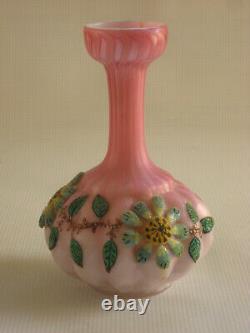 Antique Quilted Satin Glass Air Trap MOP Vase with Floral Coralene Decoration