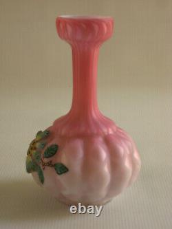 Antique Quilted Satin Glass Air Trap MOP Vase with Floral Coralene Decoration