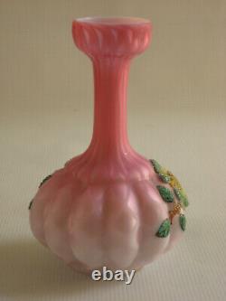 Antique Quilted Satin Glass Air Trap MOP Vase with Floral Coralene Decoration