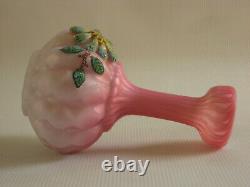 Antique Quilted Satin Glass Air Trap MOP Vase with Floral Coralene Decoration