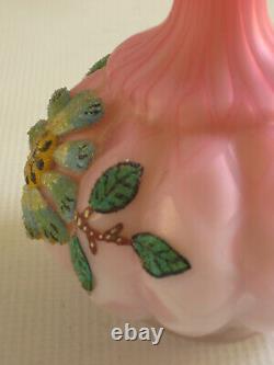 Antique Quilted Satin Glass Air Trap MOP Vase with Floral Coralene Decoration