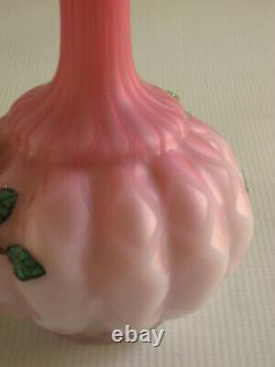 Antique Quilted Satin Glass Air Trap MOP Vase with Floral Coralene Decoration