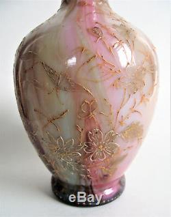 Antique RAINBOW Enamel BUTTERFLY Bohemian VICTORIAN Art NOUVEAU Cased GLASS VASE