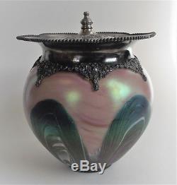 Antique RINDSKOPF Bohemian IRIDESCENT Blue PULLED FEATHER Art Glass BISCUIT JAR