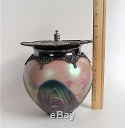 Antique RINDSKOPF Bohemian IRIDESCENT Blue PULLED FEATHER Art Glass BISCUIT JAR