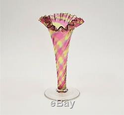 Antique Rainbow Glass Ribbed Swirl Bud Vase Crimped Rim Pontil Stevens Williams