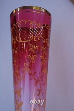 Antique Rubina Art Glass Pedestal Vase withGold & Enamel Leaf Design