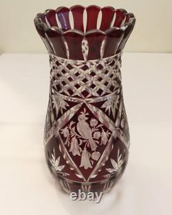 Antique Ruby Red Bohemian Cut to Clear Singing Bird Vase Hand Engraved