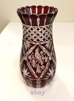 Antique Ruby Red Bohemian Cut to Clear Singing Bird Vase Hand Engraved