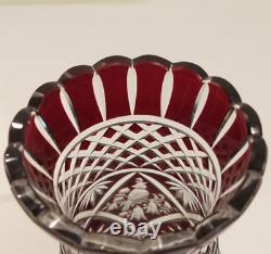 Antique Ruby Red Bohemian Cut to Clear Singing Bird Vase Hand Engraved