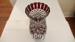 Antique Ruby Red Bohemian Cut to Clear Singing Bird Vase Hand Engraved