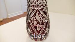 Antique Ruby Red Bohemian Cut to Clear Singing Bird Vase Hand Engraved