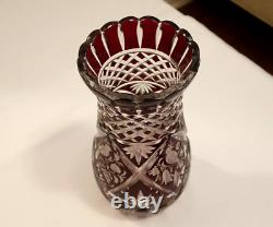 Antique Ruby Red Bohemian Cut to Clear Singing Bird Vase Hand Engraved