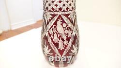 Antique Ruby Red Bohemian Cut to Clear Singing Bird Vase Hand Engraved