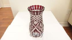 Antique Ruby Red Bohemian Cut to Clear Singing Bird Vase Hand Engraved