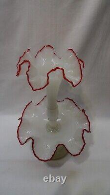 Antique Ruby Red White Opaline Glass Ruffled Rim Epergne Czechoslovakia Signed