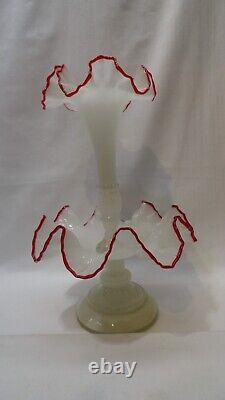 Antique Ruby Red White Opaline Glass Ruffled Rim Epergne Czechoslovakia Signed