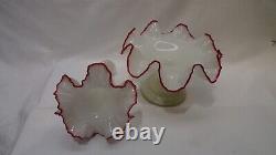 Antique Ruby Red White Opaline Glass Ruffled Rim Epergne Czechoslovakia Signed