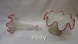 Antique Ruby Red White Opaline Glass Ruffled Rim Epergne Czechoslovakia Signed