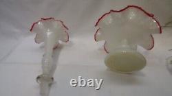 Antique Ruby Red White Opaline Glass Ruffled Rim Epergne Czechoslovakia Signed