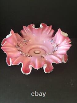 Antique Ruffled Art Glass Brides Basket Bowl Pink Cased Crest Hand Paint Floral