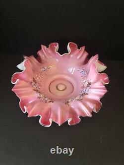 Antique Ruffled Art Glass Brides Basket Bowl Pink Cased Crest Hand Paint Floral