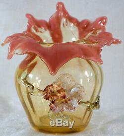 Antique STEVENS & WILLIAMS Art Glass Vase With Applied Flower Leaves Victorian