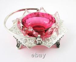 Antique SWEETMEAT Dish CRANBERRY art glass withRIGAREE GINKGO Sheffield Silver