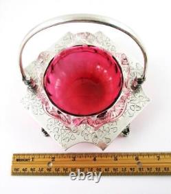 Antique SWEETMEAT Dish CRANBERRY art glass withRIGAREE GINKGO Sheffield Silver