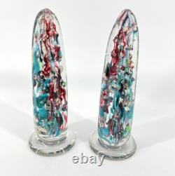 Antique Set 2 Victorian Art Glass Obelisk Pillar Devil's Fire Tower Paperweight