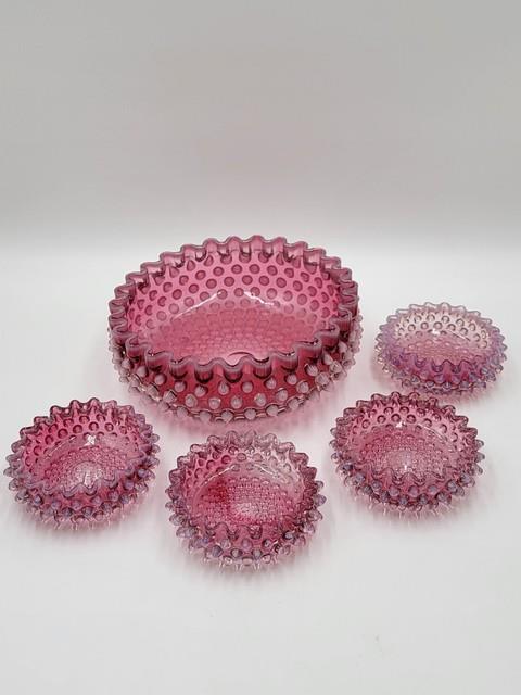 Antique Set Of 5 Bowls Hobbs Brockunier Victorian Cranberry Opalescent Hobnail