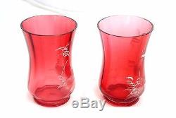 Antique Set of MARY GREGORY ART VICTORIAN GLASS CRANBERRY Pitcher and 2 Cups